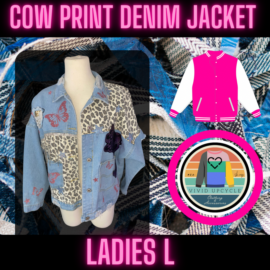 Cow print up-cycled denim jacket