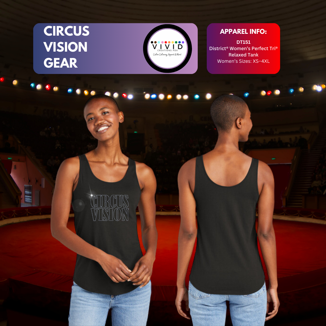 Ladies Scoop Back Tank-Circus Vision Text Bling Logo